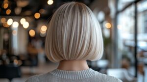 Kort blond bob stylet enkelt i en rett fasong med en svakt innover bøyde spisser.